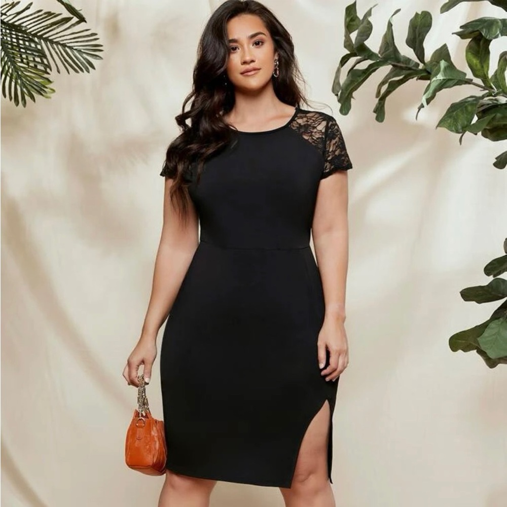 Plus Lace Shoulder Split Hem Dress